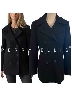 Perry Ellis Portfolio Black Wool Cashmere Blend Double Breasted Coat (8)